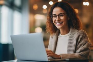 woman smiles while looking at laptop and learning about all other second opinions