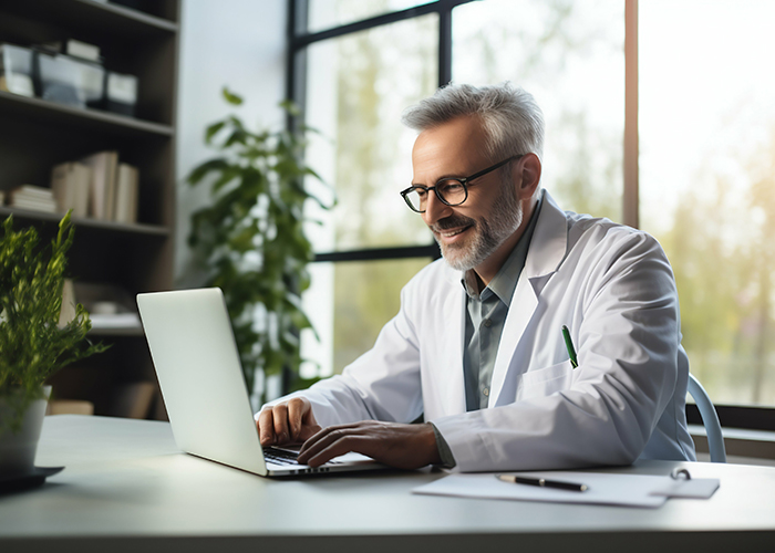 a man in a white coat using a laptop